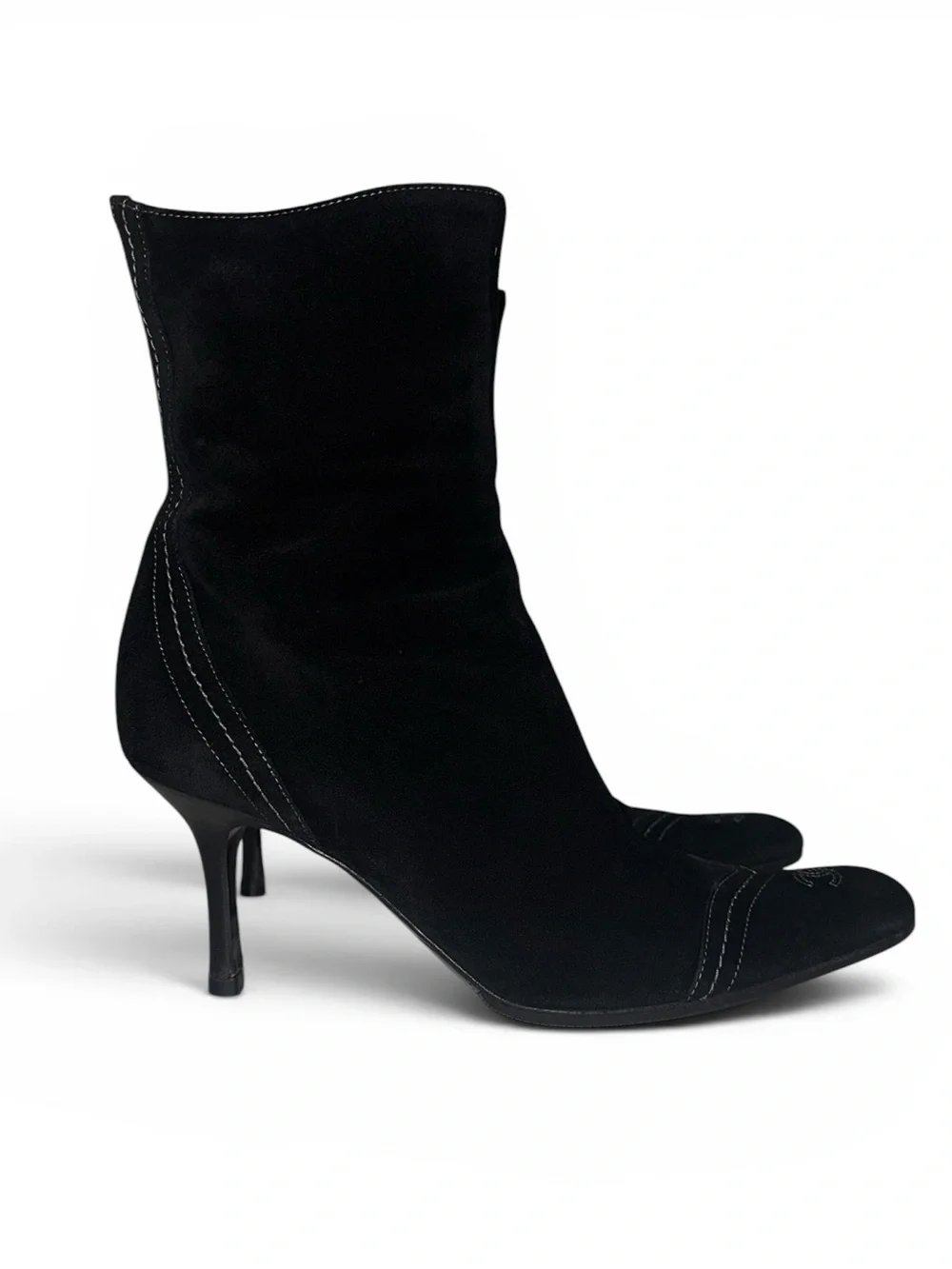 CHANEL CC Logo Black Suede Pointed Toe Stiletto Ankle Boots IT37